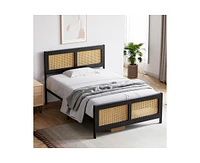 gaomon Full Size Bed Frame with Rattan Headboard and Footboard, Black Rattan Platform Bed Frame Full Size, Noise-Free, Mattress Foundation