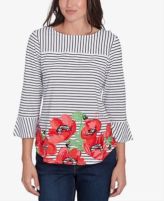 Ruby Rd. Petite Poppy Embroidered Stripe Knit Three Quarter Sleeve T-Shirt