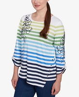 Ruby Rd. Petite Striped Embellished Three Quarter Sleeve Top