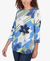 Ruby Rd. Petite Diagonal Striped Floral Three Quarter Sleeve Top