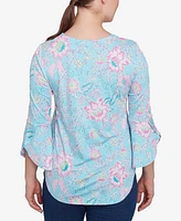 Ruby Rd. Petite Cloisonne Floral Puff Print Three Quarter Sleeve Top