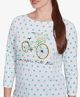 Ruby Rd. Petite Bicycle Bloom Polka Dot Three Quarter Sleeve T-Shirt