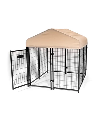 Lucky Dog Stay Series Studio Jr. 4x4x4.3 Ft Roofed Steel Frame Dog Kennel, Khaki