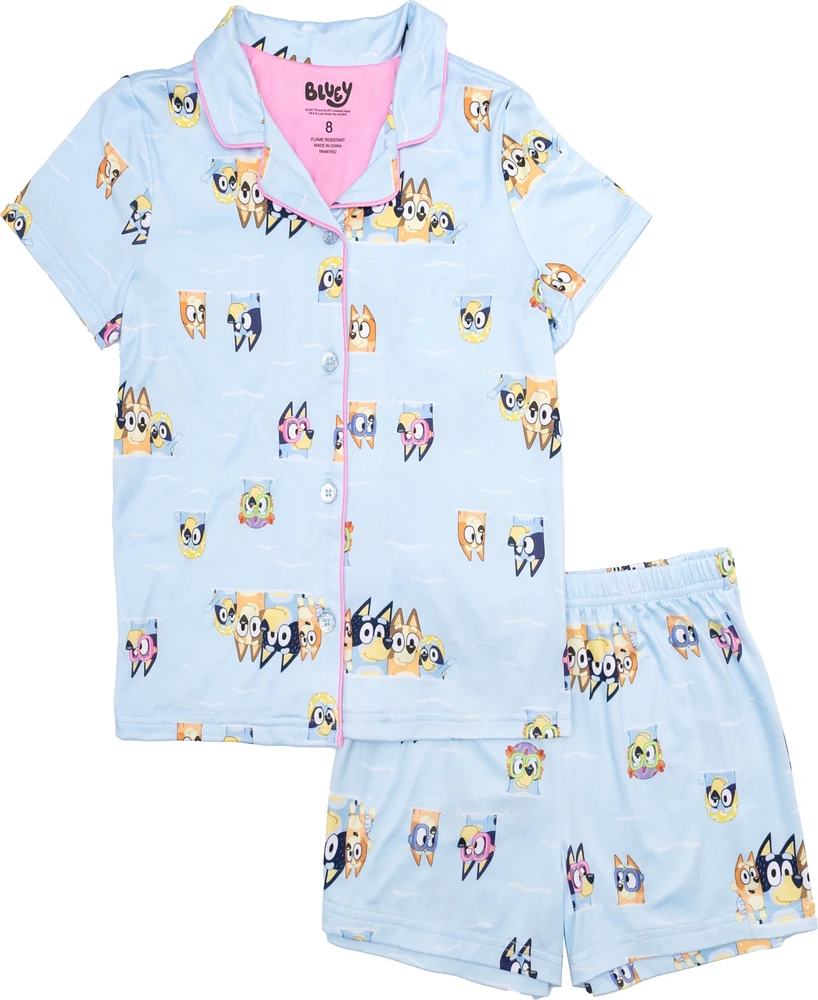 Bluey Little and Big Girls Short Sleeve Button Down Sleep Shirt Shorts, 2-Piece Pajama Set