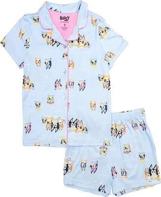 Bluey Little and Big Girls Short Sleeve Button Down Sleep Shirt Shorts, 2-Piece Pajama Set