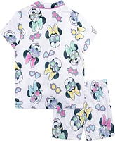 Minnie Mouse Little and Big Girls Short Sleeve Button Down Sleep Shirt Shorts, 2-Piece Pajama Set