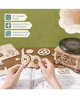 Robotime 3D Wooden Puzzle Automatic Gramophone Model Kits Electric Mode Self-Assembly Record Player, Beige, 8.89"10.20"16.88"