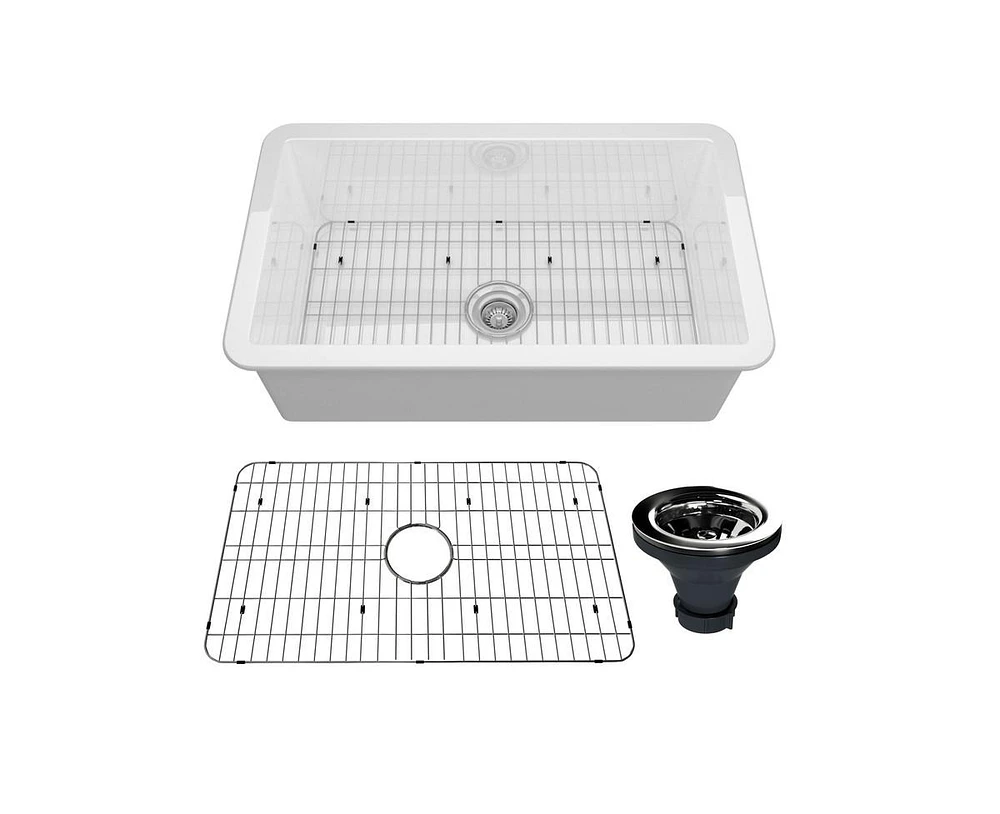 Casainc 32inch L x 19inch W Single Bowl Fireclay Undermount Kitchen Sink with Sink Grid