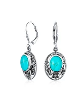 Bling Jewelry Oval Flower Leaf Carved Blue Synthetic Lapis Lazuli Lever back Earrings Oxidized Sterling Silver