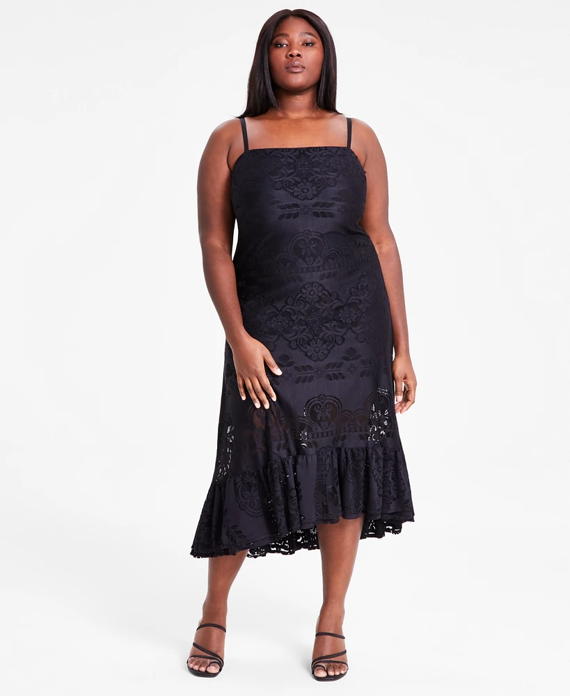 Bar Iii Trendy Plus Sleeveless Ruffle-Hem Lace Dress, Exclusively at Macy's