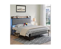 gaomon Queen Bed Frame with Charging Station, Led Bed Frame with Storage Headboard, Upholstered Platform Bed Frame Queen Size, No Box Spring Needed