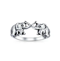 Bling Jewelry Good Luck Trunk Up Zoo Animal Two Elephants Ring For Women Oxidized .925 Sterling Silver