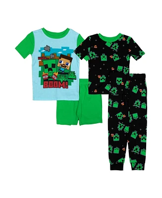 Minecraft Big Boys Short Sleeve Tees, Shorts and Pant, 4-Piece Pajama Set