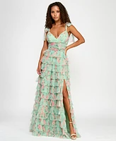 B Darlin Juniors' Floral Ruffle-Tiered Tie-Shoulder Gown