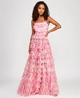 B Darlin Juniors' Floral Ruffle-Tiered Straight-Neck Gown, Created for Macy's