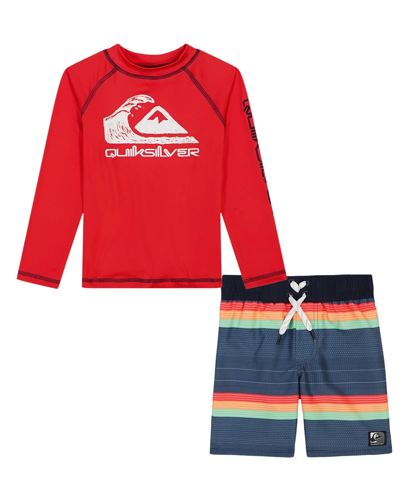 Quiksilver Little and Toddler Boys Long Sleeve Rashguard Striped Boardshorts, 2 Piece Set