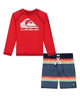 Quiksilver Little and Toddler Boys Long Sleeve Rashguard Striped Boardshorts, 2 Piece Set