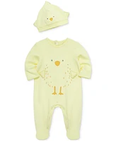 Little Me Baby Cotton Chick Footed Coverall & Hat, 2 Piece Set