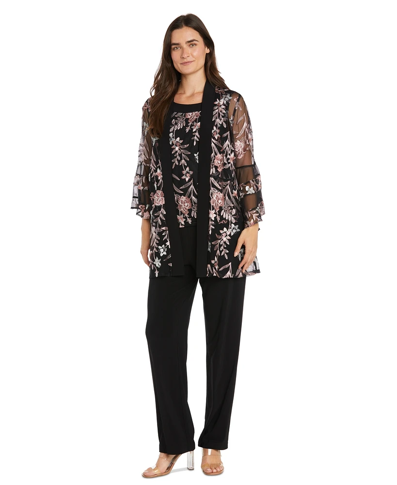 R & M Richards Women's 2-Pc. Embroidered Illusion-Sleeve Top Pants Set