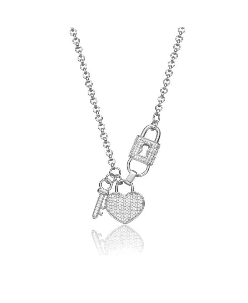 Genevive Sterling Silver White Gold Plated with Clear Cubic Zirconia Heart & Padlock Charm Necklace