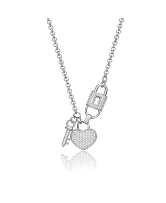 Genevive Sterling Silver White Gold Plated with Clear Cubic Zirconia Heart & Padlock Charm Necklace