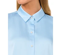 CeCe Women's Luxe Satin Imitation Pearl Button Down Blouse