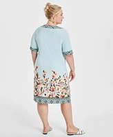 Jm Collection Plus Border-Print Short-Sleeve Shift Dress, Exclusively at Macy's