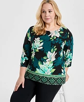 Jm Collection Plus Jacquard Printed 3/4-Sleeve Top