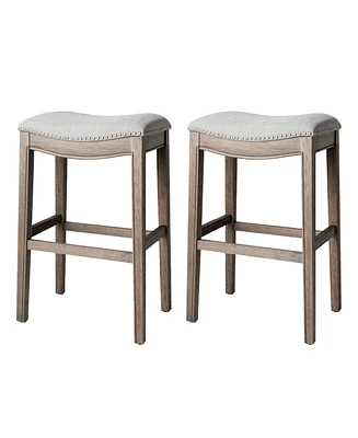 Maven Lane Adrien Saddle Bar Stool in Oak Finish with Ash Grey Fabric Upholstery, Set of 2