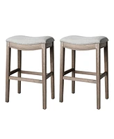 Maven Lane Adrien Saddle Bar Stool in Oak Finish with Ash Grey Fabric Upholstery, Set of 2