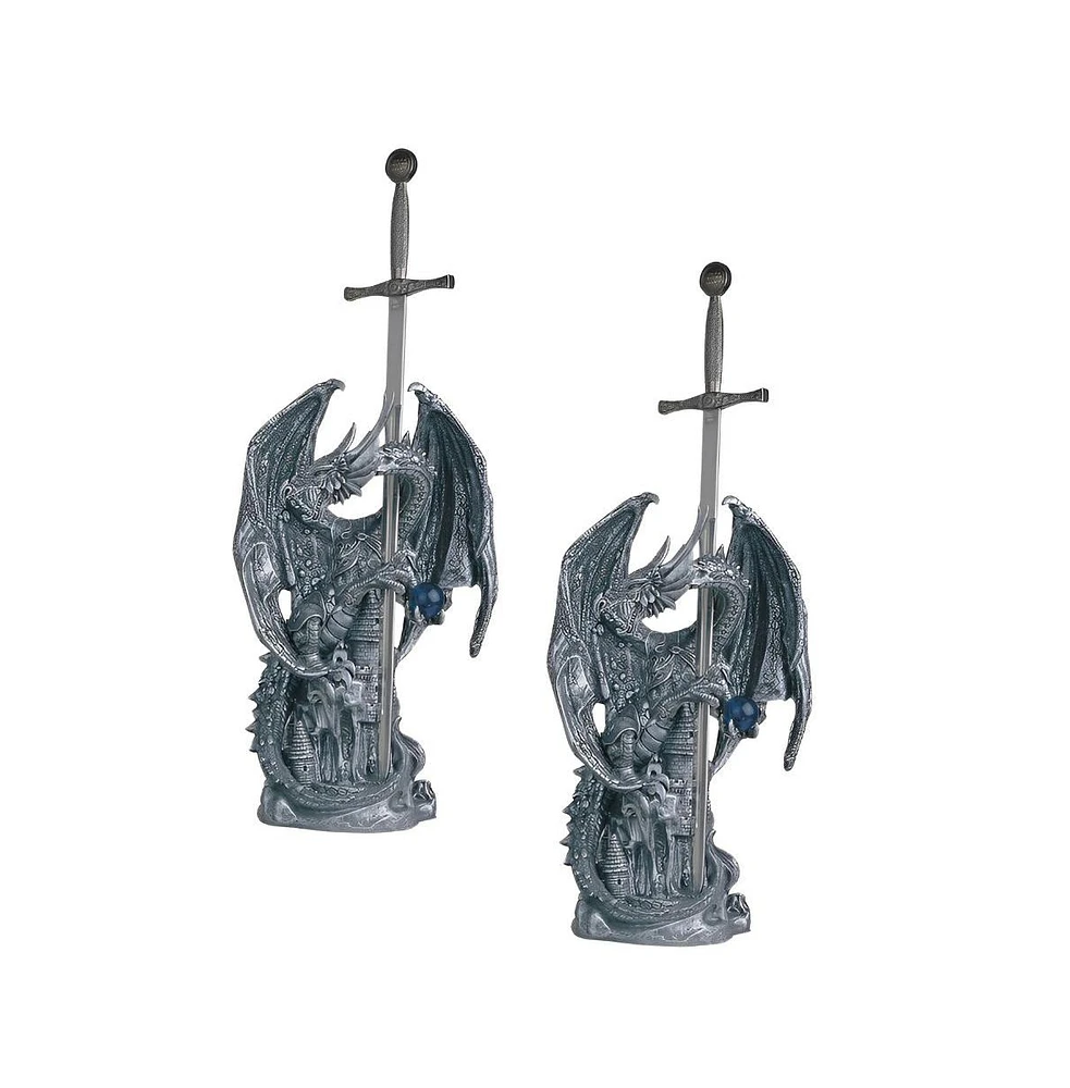 Fc Design "2-pc Set" 12"H Medieval Silver Dragon Standing on Castle with Sword Guardian Figurine Statue Ornament Home Room Office Decor and Perfect Id