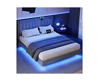 gaomon Queen Size Floating Bed Frame with Led Lights, Upholstered Platform Queen Bed Frame with Charging Station & Storage Headboard