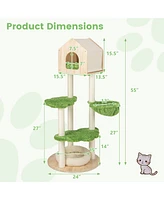 Gymax Wooden Cat Tree 55'' Tall Cat Climbing Stand w/ Sisal Scratching Posts