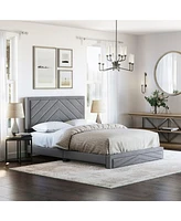 Modern Chevron Upholstered Platform Bed with 14-Slat System – 700 lb Capacity