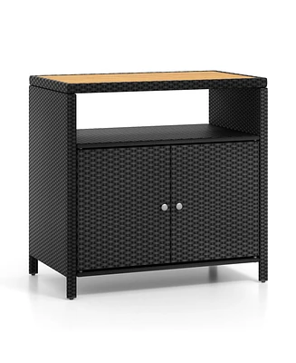 Gouun Rattan Storage Cabinet with Acacia Wood Countertop for Poolside Deck and Patio