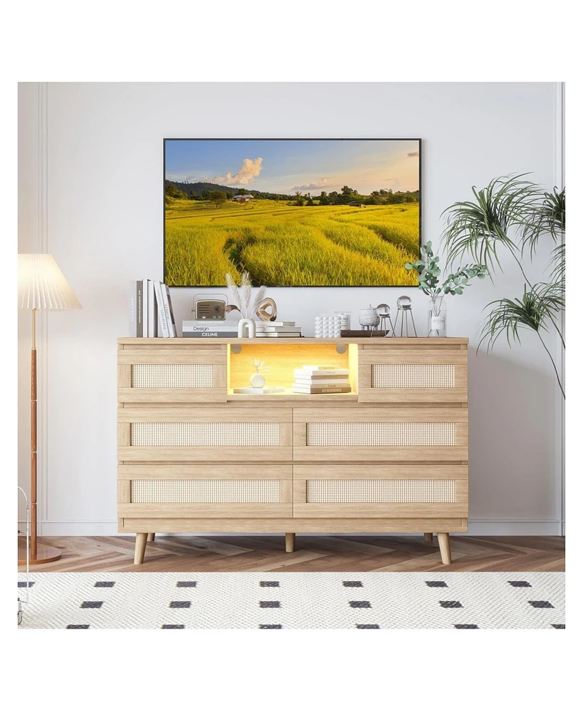 gaomon Modern 6-Drawer Natural Rattan Dresser with Rgb Led Lights & Charging Station