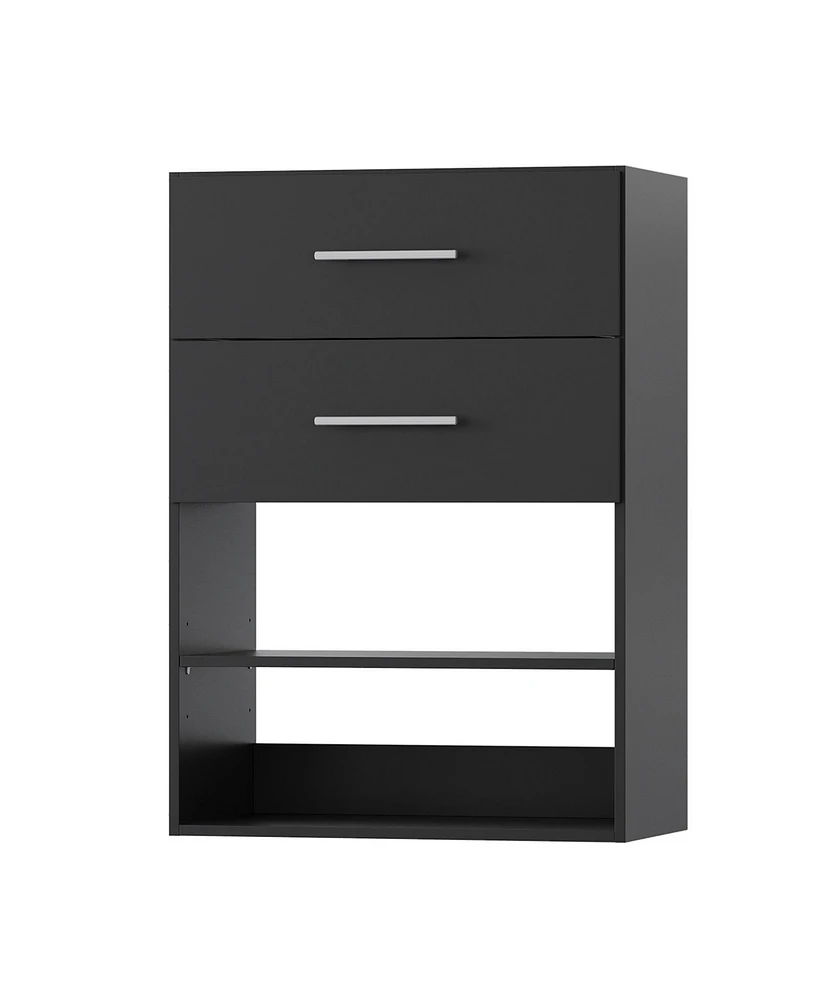 Short Tower Wood Built In Closet Organizer Unit, Wood Closet Organizer Starter Kit, Mounted Closet Systems with 2 Drawers