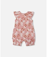 Deux par Baby Girls Printed Muslin Romper Pink And White Flowers