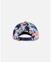 Deux par Deux Baby Girls Printed Cap Navy And Yellow And Pink Flowers