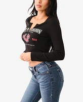 True Religion Women's Logo Rib V Notch Long Sleeve Top