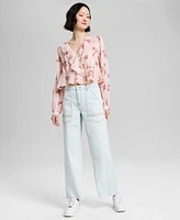 And Now This Petite Floral Print Ruffled Blouson-Sleeve Blouse, Exclusively at Macy's