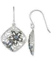 Marcasite & Crystal Flower Filigree Drop Earrings in Sterling Silver