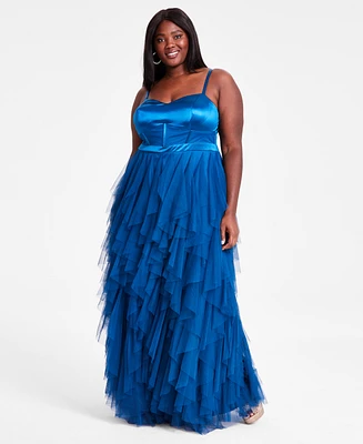 City Studios Trendy Plus Corset-Bodice Ruffled-Skirt Gown