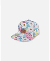 Deux par Deux Baby Girls Printed Cap White, Pink, And Green Flowers