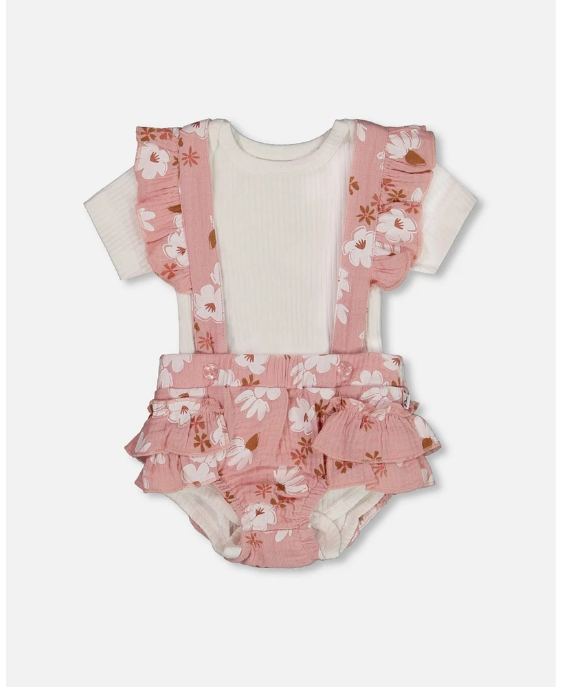 Deux par Baby Girls Printed Muslin Short And Organic Cotton Bodysuit Set Pink White Flowers