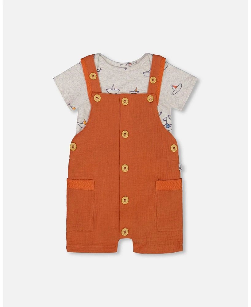 Deux par Baby Boys Printed Organic Cotton Onesie And Muslin Shortall Set Terracotta Small Boats