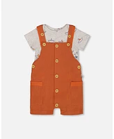 Deux par Baby Boys Printed Organic Cotton Onesie And Muslin Shortall Set Terracotta Small Boats