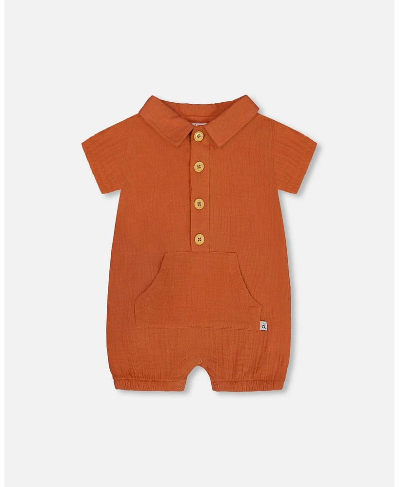 Deux par Baby Boys Short Sleeve Muslin Romper Terracotta