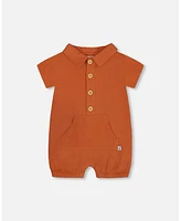 Deux par Baby Boys Short Sleeve Muslin Romper Terracotta