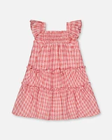 Deux par Big Girls Smocked Layered Dress With Frill Sleeve Checked Pink